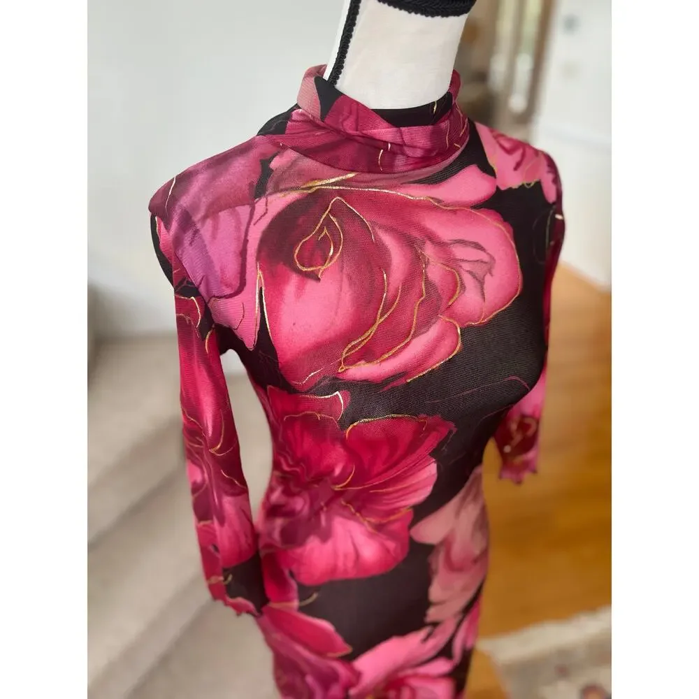 Vintage Y2K Mesh Sheer Black Red Floral Rose Metallic Gold Slip Dress - Picture 5 of 6